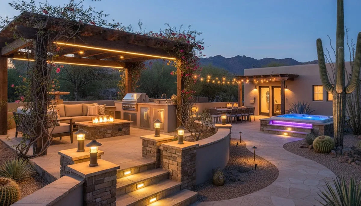 Deck and patio landscape lighting with post cap and step lights in Tucson, AZ evening outdoor space