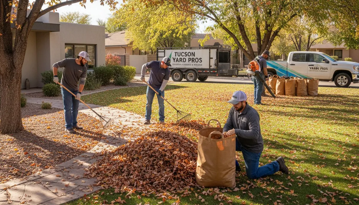 Technicians performing fall leaf removal and yard clean up in Tucson, AZ for Chop Chop Landscaping