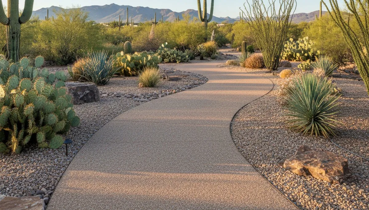 Pea gravel garden pathway in Tucson AZ showcasing professional xeriscape design and desert landscaping craftsmanship