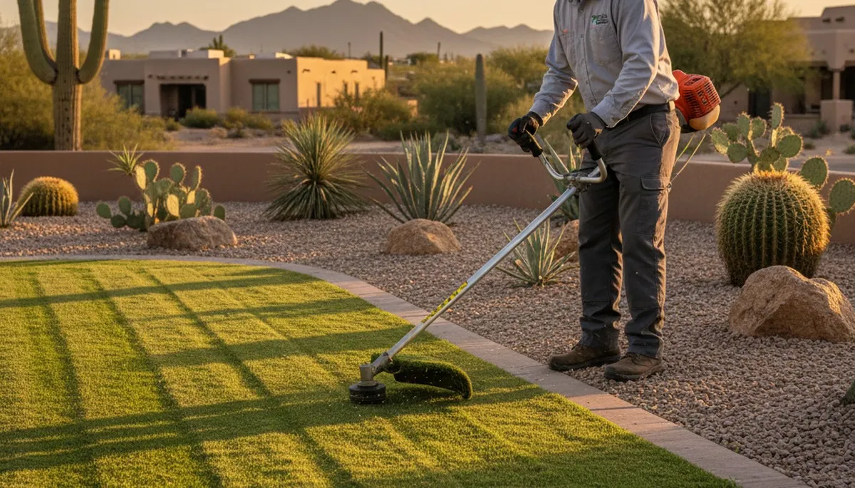 Technician edging lawn borders with trimmer, precision lawn maintenance in Tucson, AZ