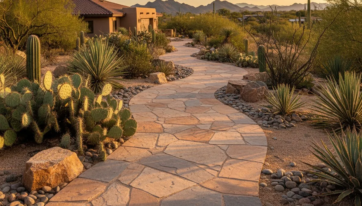 Professionally installed stone paver pathway in Tucson, AZ desert landscape by Chop Chop Landscaping